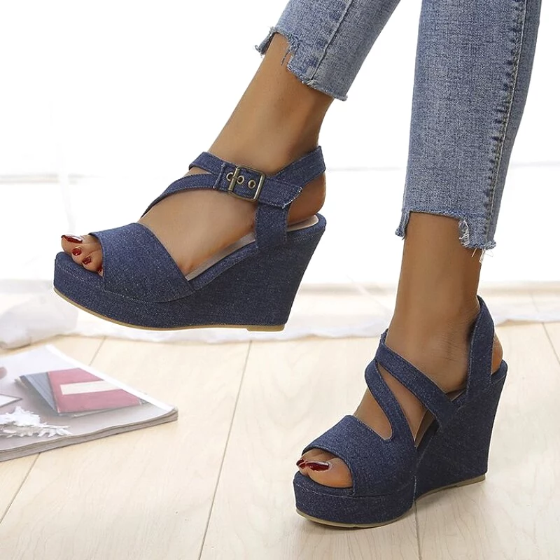 2023 summer women's shoes large comfortable fishtail sandals large wedge casual buckle luxury sexy high heels