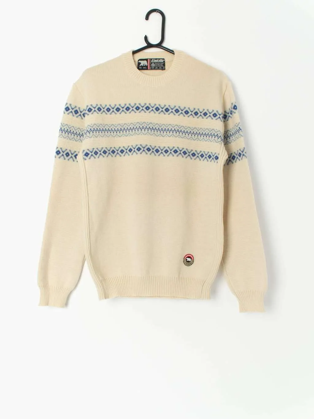 80s vintage Eisbär wool jumper in beige and blue, made in Austria – Medium