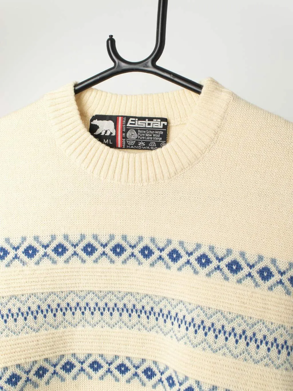 80s vintage Eisbär wool jumper in beige and blue, made in Austria – Medium