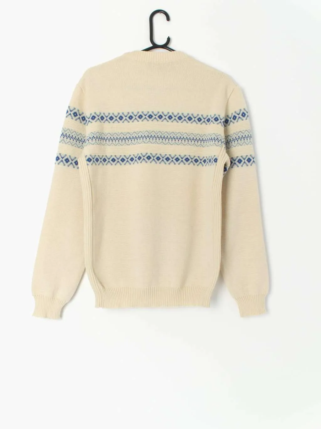 80s vintage Eisbär wool jumper in beige and blue, made in Austria – Medium