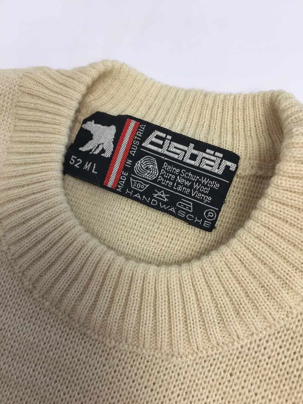 80s vintage Eisbär wool jumper in beige and blue, made in Austria – Medium