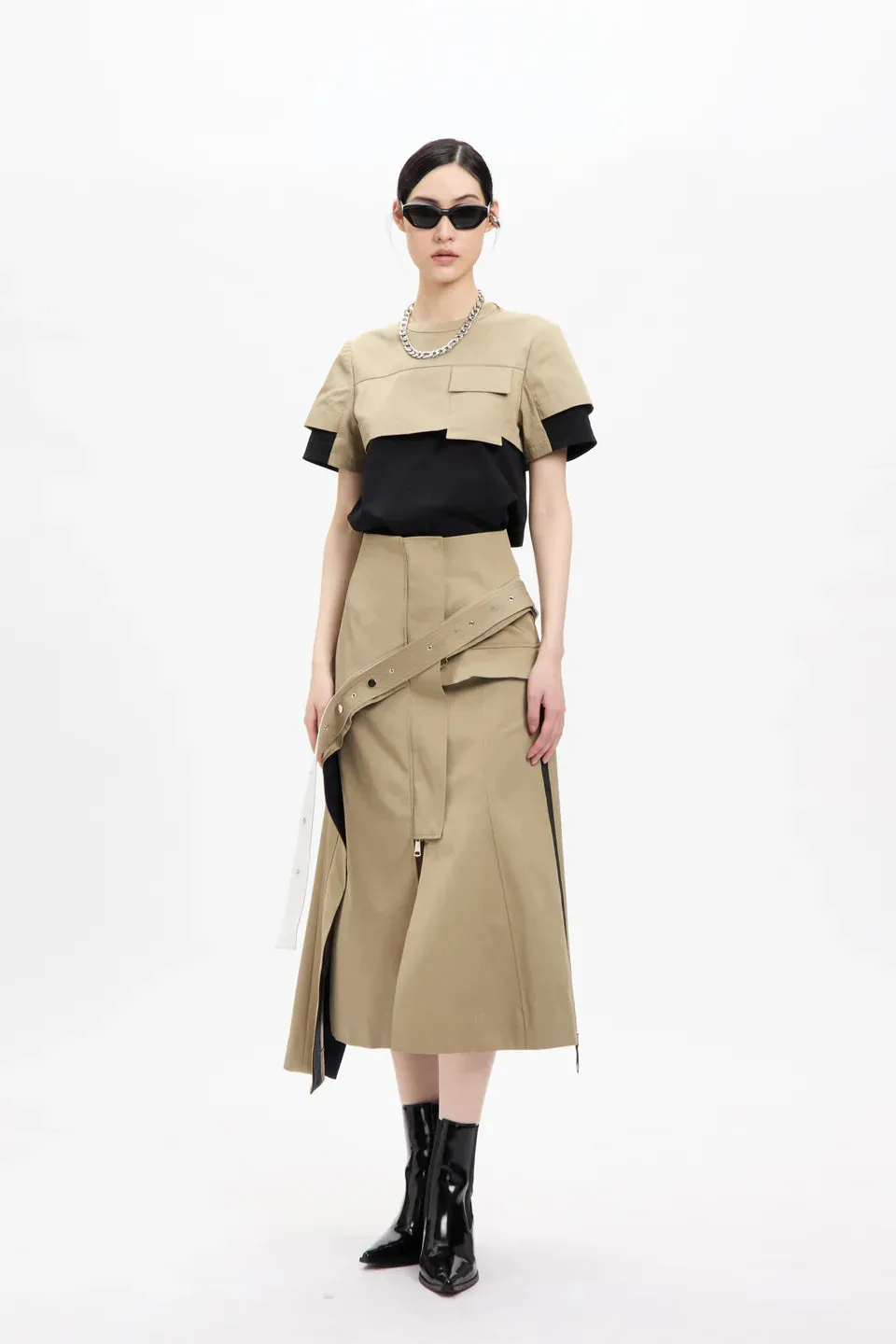 Asymmetric Khaki Layers Skirt