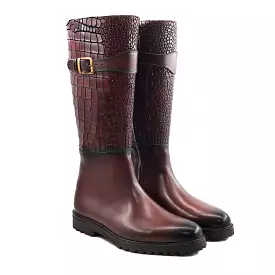 Benedi - Men's Oxblood Calf And Crocodile Printed Leather Boot