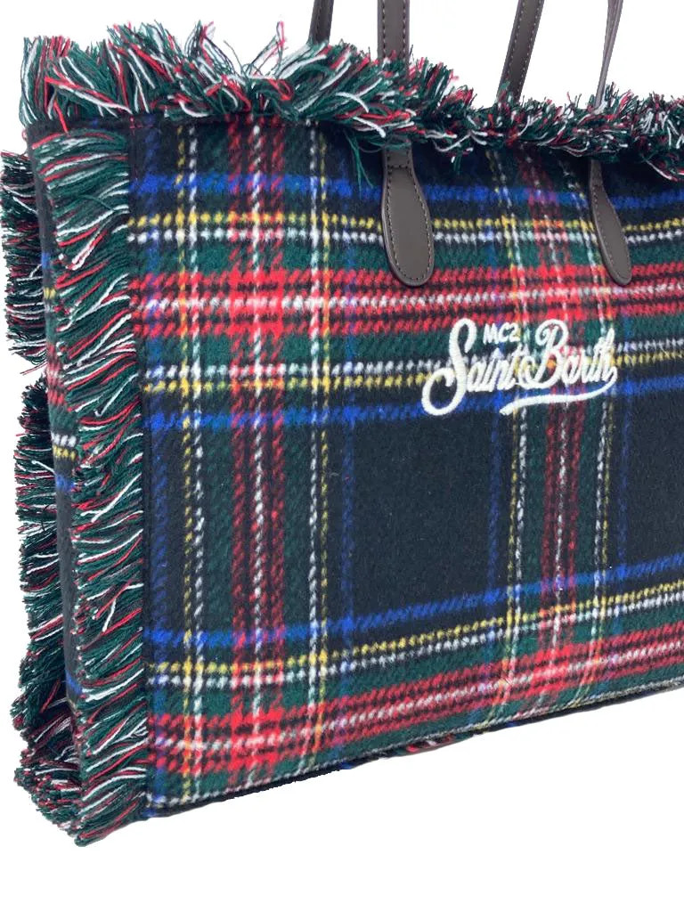 BORSA TARTAN NERA CON LOGO FRONTALE RICAMATO BIANCO