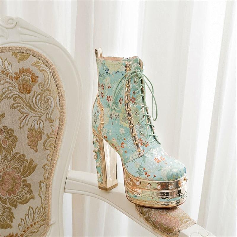 Floral High Heel Platforms Boots