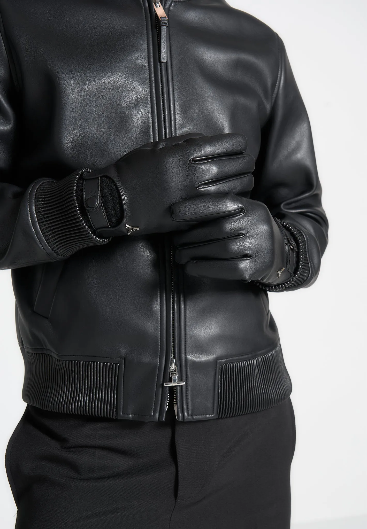 Leather and Ribbed Knit Gloves - Black