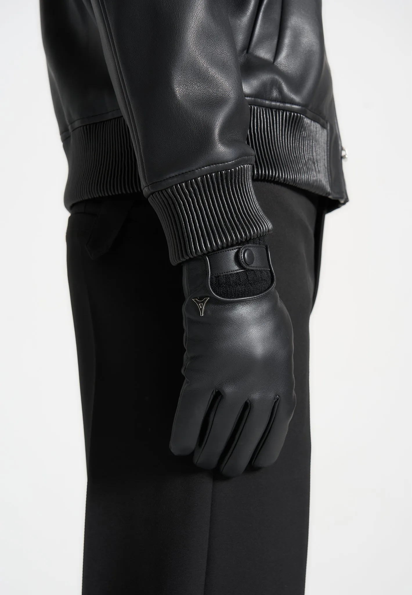 Leather and Ribbed Knit Gloves - Black