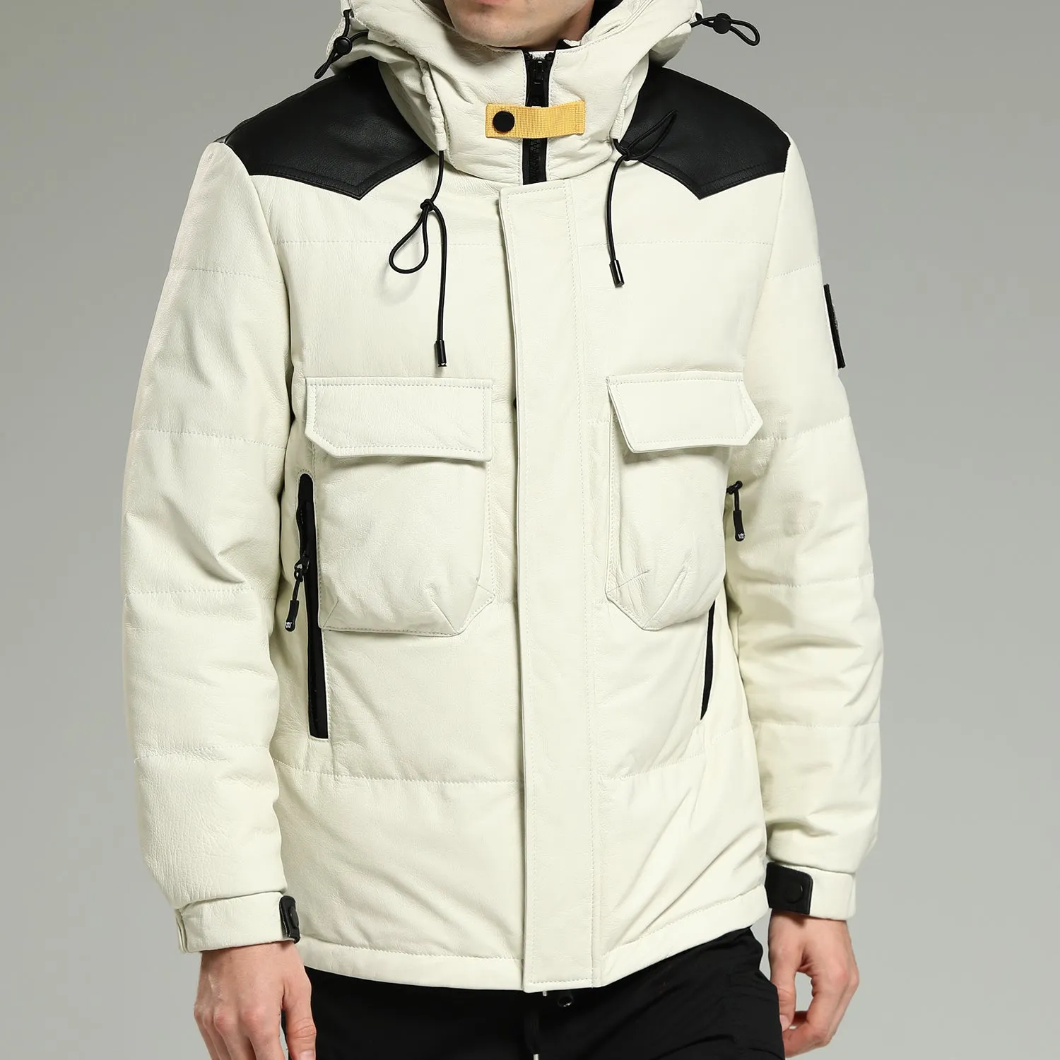 Leather Down Jackets - Luxurious Warm White Hooded Leather Down Jacket