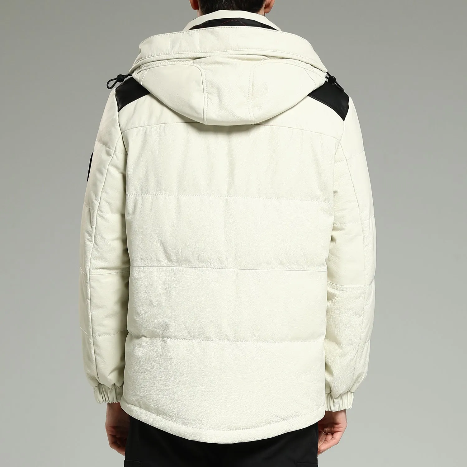 Leather Down Jackets - Luxurious Warm White Hooded Leather Down Jacket