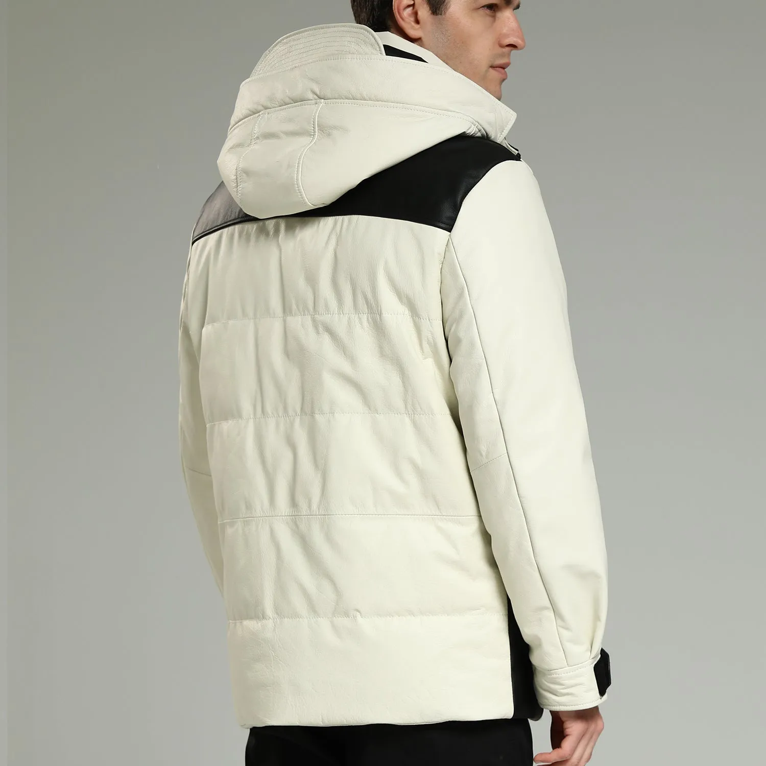 Leather Down Jackets - Luxurious Warm White Hooded Leather Down Jacket