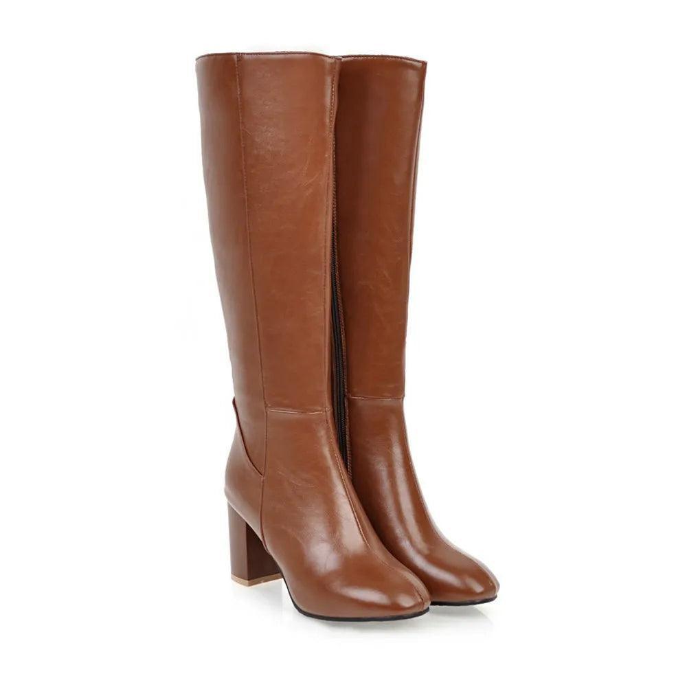 Leather High Heeled Knee High Women Boots