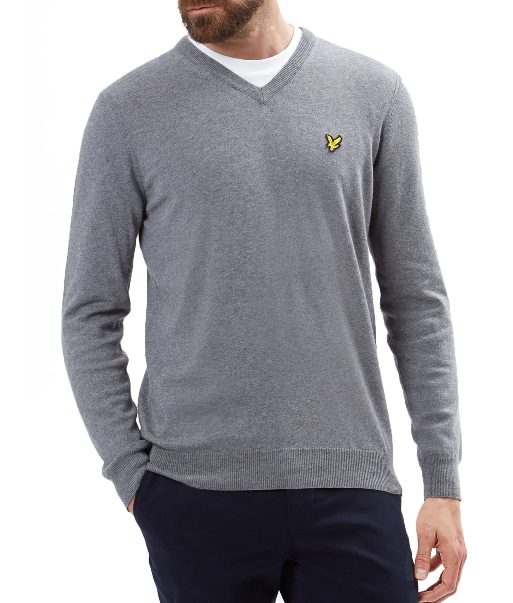 Lyle & Scott V Neck Cotton Merino Wool Jumper Mid Grey Marl