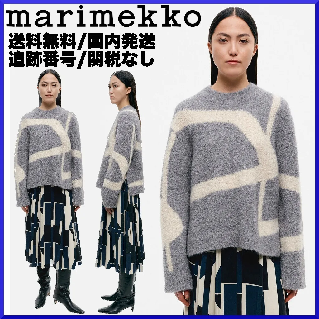 marimekko  |Crew Neck Casual Style Wool Nylon Rib Long Sleeves