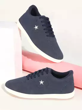 Men Navy Blue Classic Embroidery Star Upper Soft Suede Leather Lace Up Sneakers Shoes