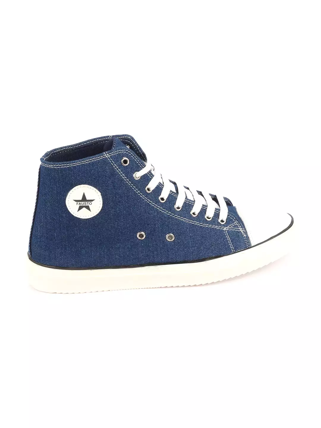 Men Navy Blue Mid Top Star Toe Cap Upper Denim 8-Eye Lace Up Canvas Sneakers Shoes