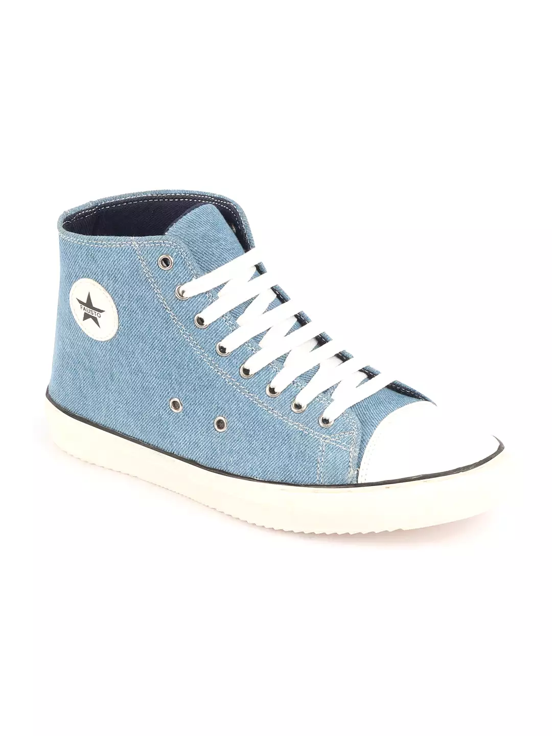 Men Sky Blue Mid Top Star Toe Cap Upper Denim 8-Eye Lace Up Canvas Sneakers Shoes