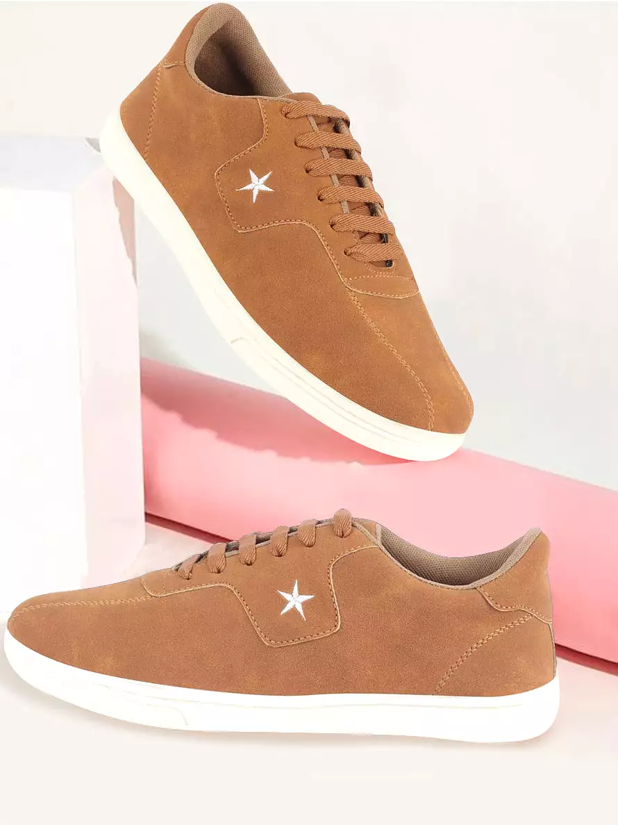 Men Tan Classic Embroidery Star Upper Soft Suede Leather Lace Up Sneakers Shoes