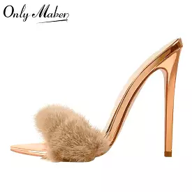 Peep Toe Mules Artificial Fur Slip On Gold White Thin High Sandals Big Size High Quality Summer Women Brand Sandals