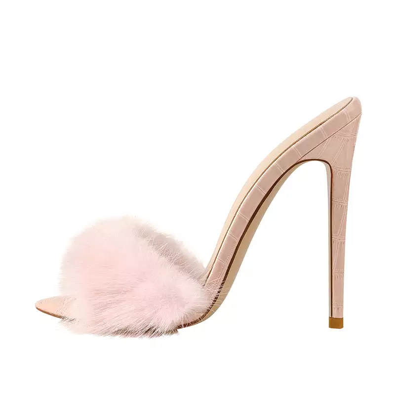 Peep Toe Mules Artificial Fur Slip On Gold White Thin High Sandals Big Size High Quality Summer Women Brand Sandals