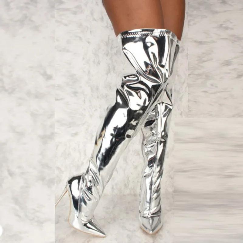 Shinny Pointed Women Knee High Boots