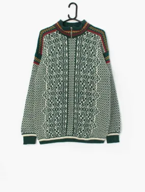 Vintage knitted Icelandic wool jumper in green and white – Medium