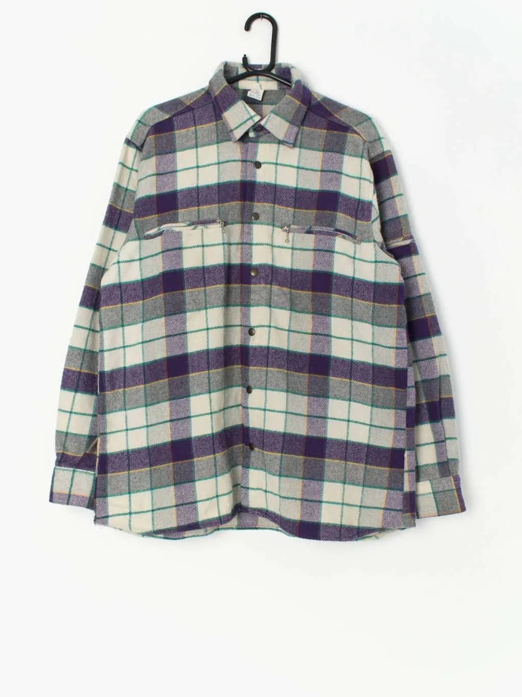 Vintage wool plaid flannel shirt in purple, white and teal – Medium / Large