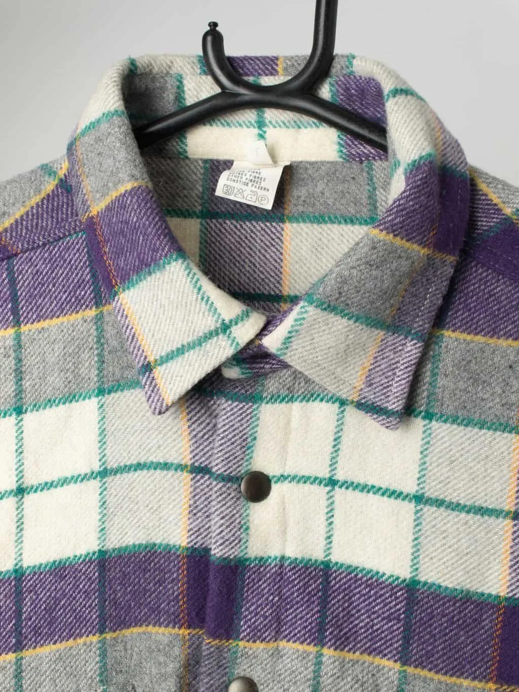 Vintage wool plaid flannel shirt in purple, white and teal – Medium / Large