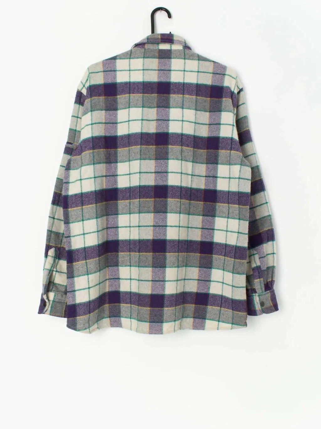 Vintage wool plaid flannel shirt in purple, white and teal – Medium / Large