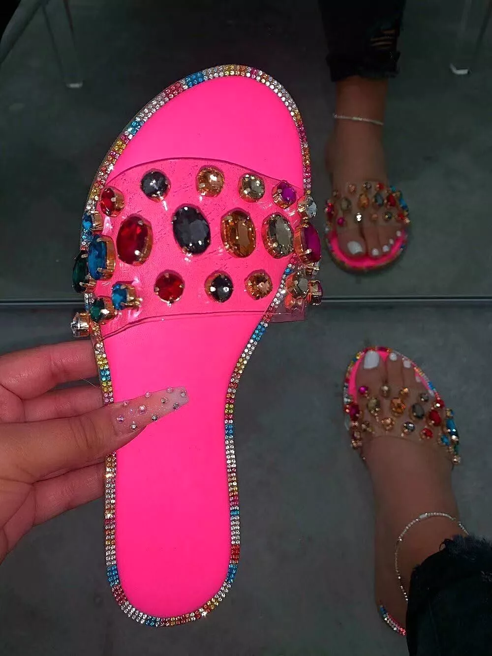 Woman Sandals 2021 Women Shoes Rhinestones ChainsGladiator Flat Sandals Crystal Chaussure Plus Size 42