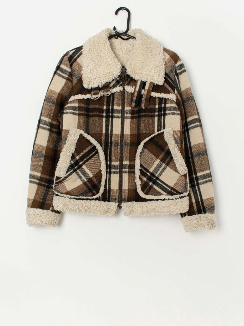 Women’s vintage wool and cotton sherpa jacket, brown plaid – Medium