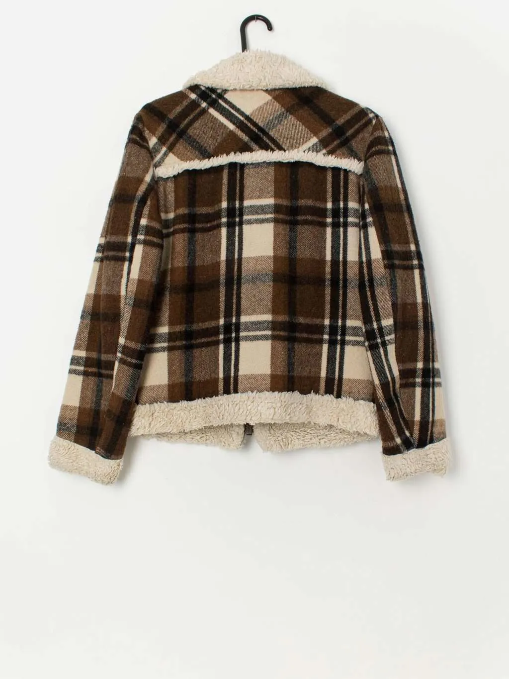 Women’s vintage wool and cotton sherpa jacket, brown plaid – Medium