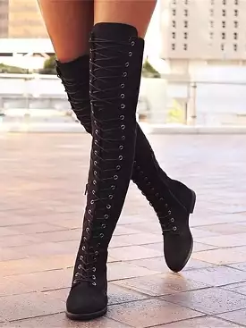 Women's Unisex Boots Lace Up Boots Outdoor Daily Over The Knee Boots Crotch High Boots Winter Lace-up Low Heel Round Toe Casual 