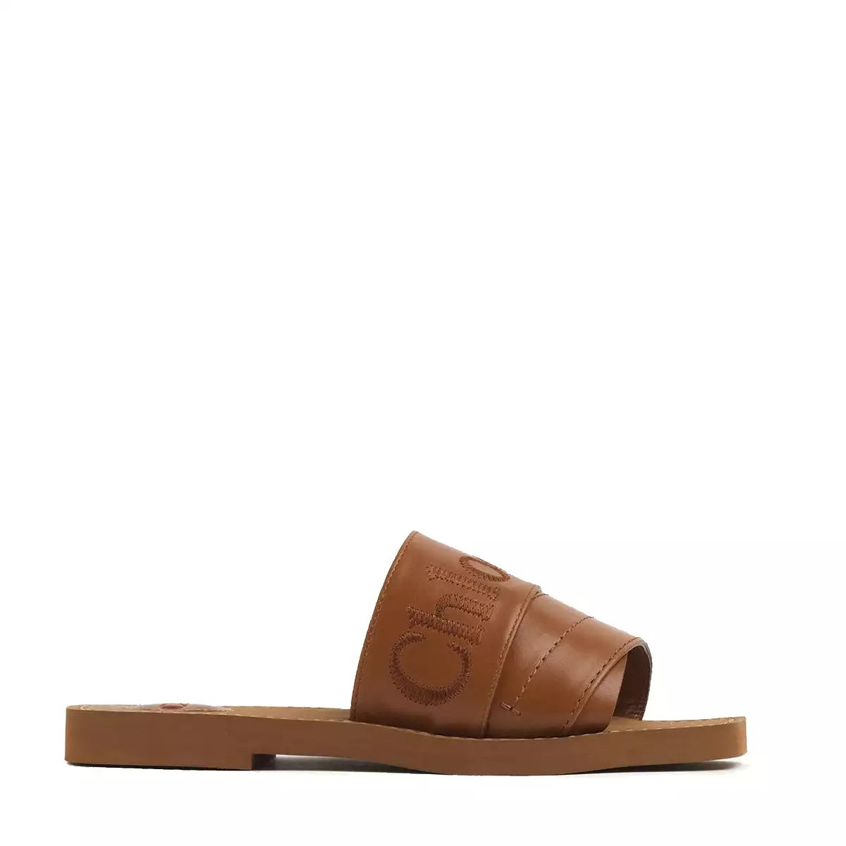 Woody Logo Leather Slide, Caramello